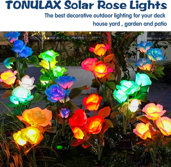 Solar Garden Lights - Upgraded Outdoor Light, 7-Color Changing Rose Lights for Yard,Garden Decoration, Enlarged Solar Panel, More Realistic Rose Flower (2 Packs)6