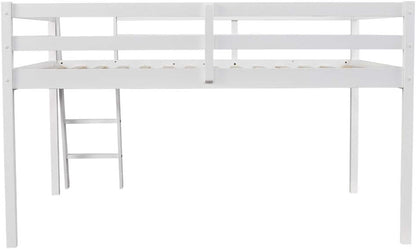 Junior Low Loft Bed with Stairs, White Wood Loft Bed Full Size for Adults, Kids and Young Teens, No Box Spring Required,Wood Slat Support9