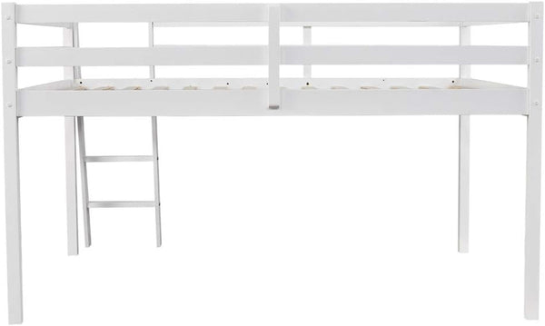 Junior Low Loft Bed with Stairs, White Wood Loft Bed Full Size for Adults, Kids and Young Teens, No Box Spring Required,Wood Slat Support9