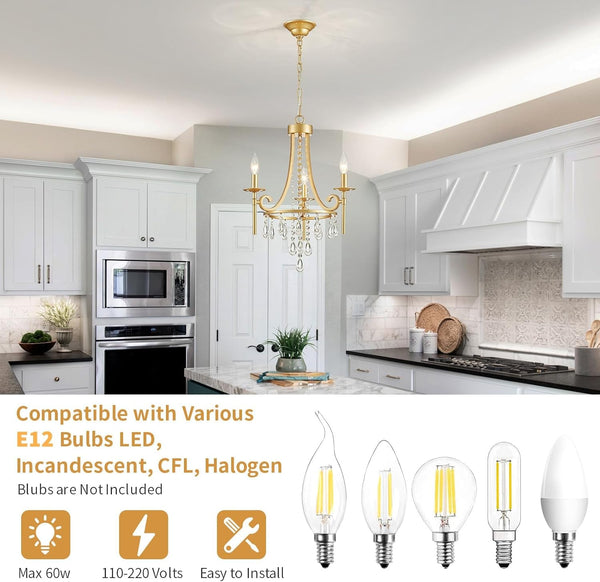 Small Crystal Chandelier, 3-Lights Modern Crystal Chandeliers for Dinning Room, Wagon Wheel Gold Chandelier, Farmhouse Hanging Pendant Light Fixture for Bedroom Hallway Entryway Bar Kitchen Bathroom5