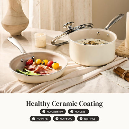 Nonstick Mini Cookware Set, 8"Ceramic Fry Pan 2.5Qt Sauce Pan with Lid, Fryingpan & Pots Set, Induction Compatible, Nontoxic, Oven Dishwasher Safe, PTFE & PFOA Free, Beige2