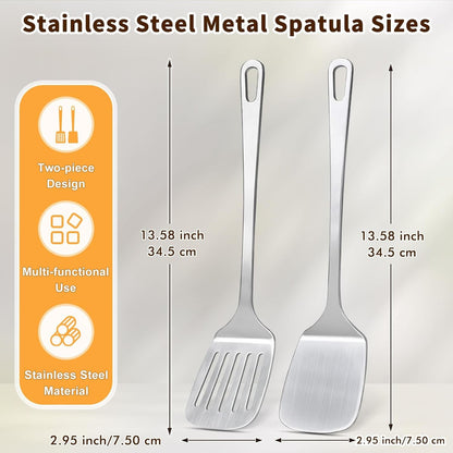 2 Pcs Stainless Steel Spatulas Set, Metal Spatula Solid & Slotted Turner, Heavy Duty Sturdy Spatula for Kitchen Use, High Heat Resistant Cooking Utensils for Fish Eggs Pancakes, Easy to Clean, Silver6