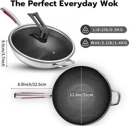12.6-Inch Stainless Steel Wok Pan with Glass Lid - Tri-Ply Nonstick Wok & Stir-Fry Pan, PFOA Free Uncoated Cookware for All Cooktops, Induction Compatible, Flat Bottom3