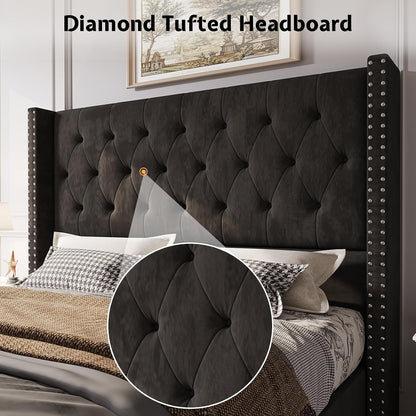 Queen Velvet Bed Frame with 49.2" Tall Wingback Headboard, Black6