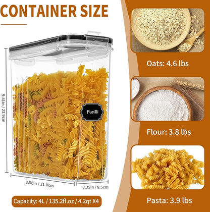Cereal Containers Storage Set (4L / 135.2Oz), 4PCS Airtight Food Storage Containers with Lids, Cereal Dispensers for Kitchen Pantry Organization and Storage with Pour Spout, 20 Labels, Marker2