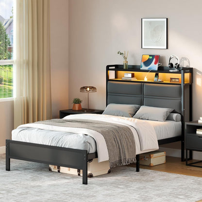 Twin Bed Frame with LED Lights and Charging Station, Dark Grey7