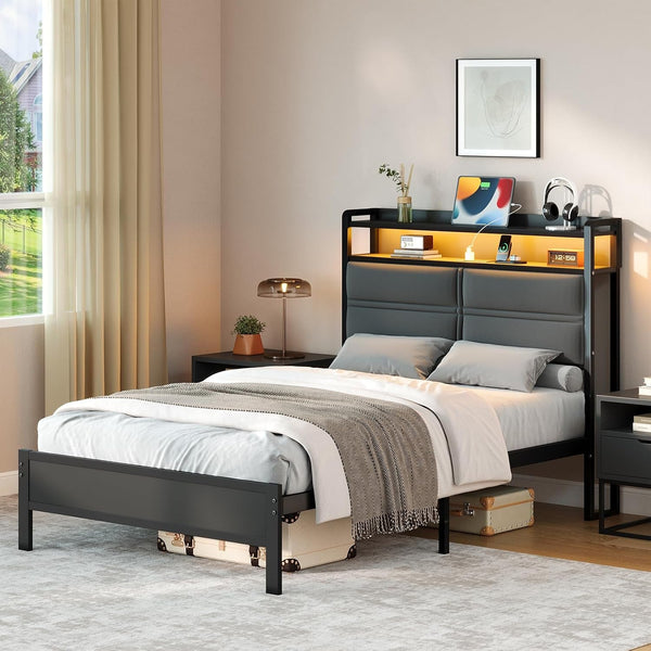 Twin Bed Frame with LED Lights and Charging Station, Dark Grey7