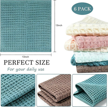 Kitchen Towels Set 6 Pack, 100% Cotton Waffle Weave Dish Cloths & Dish Towels, 13X13 Inch Hand Towels for Kitchen, Absorbent Quick-Drying Dish Rags for Washing Dishes, 6 Colors2