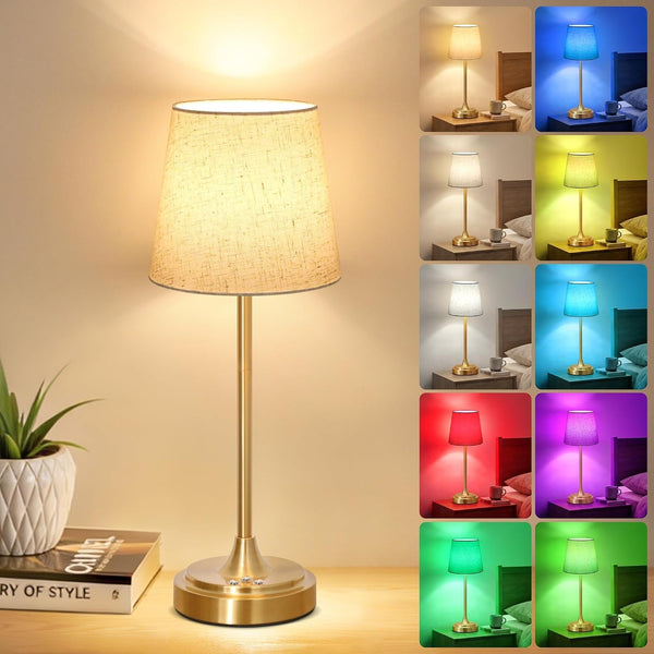 Cordless Table Lamp Rechargeable,5000Mah Battery Operated Desk Lamp,3 Colors & 7 RGB Stepless Dimmable,Touch Control Ambient Light for Bedside,Bedroom,Dining Room,Living Room,Gold,Flaxenshade1