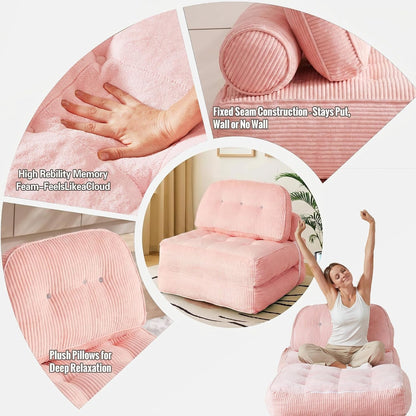 Folding Sofa Bed, Flannel Futon Couch Bed with Pillow and Blanket, Convertible Sleeper Chair for Living Room Bedroom, Pink7