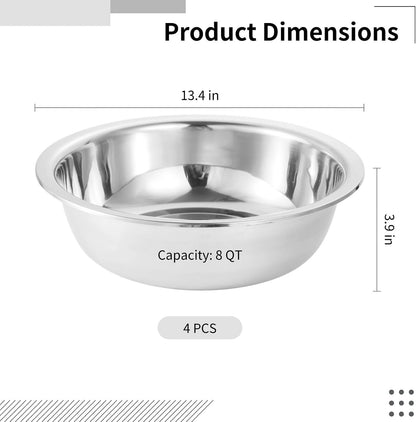 4Pc Stainless Mixing Bowls, Large Deep Mirror Finish Kitchen Prep Basins4
