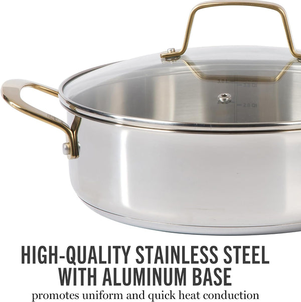 Castelle 10 Piece 18/8 Durable Stainless Steel Induction Safe Pots and Pans Non-Toxic Kitchen Cookware Set - Gold Handles - Dishwasher Safe4
