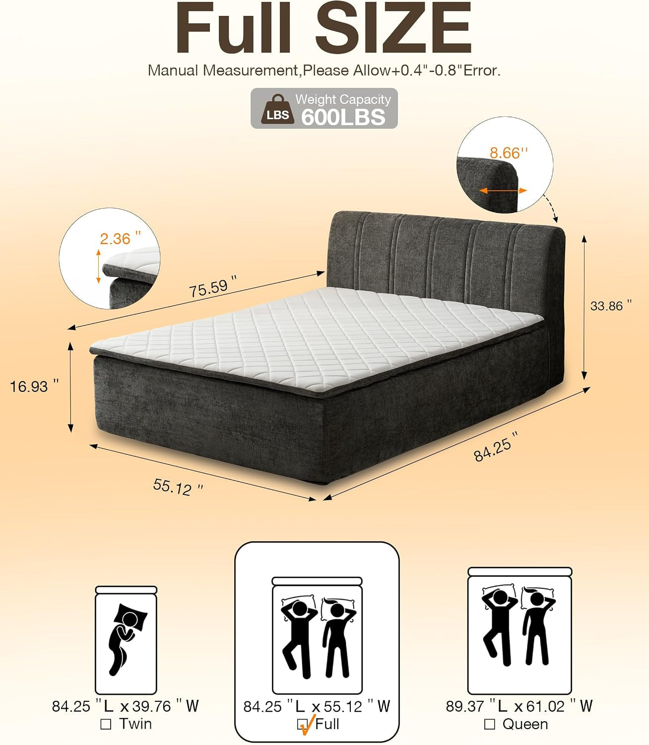 full-size-boneless-bed-frame-with-mattress-assembly-free-cloud-bed-gray