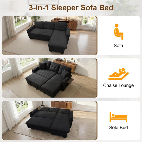 82" L Shaped Sleeper Sofa Bed, Pull Out Sectional Couch with Storage Chaise/Reclining Backrest, Sectional Couches for Living Room with USB Port, Foldable Table, Cup Holder, Side Pocket, Black6