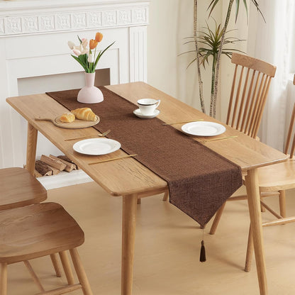 Faux Linen Brown Fall Table Runner with Tassels 14X95 Inch Dresser Scarf Rustic Indoor Outdoor Graduation Farmhouse Table Runners for Dining Table Banquet Party Home Bedroom Decoration2