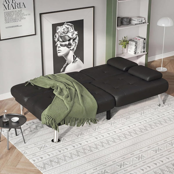 Futon Sofa Bed, Black Faux Leather Convertible Loveseat Couch7
