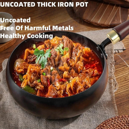 Iron Pot, 7.87-11.81 Inch Uncoated Iron Pan with Lid, No Chemical Coated Flat Bottom Japanese Pans, Woks & Stir-Fry Pans Set for Induction, Electric, Gas (Wooden Lid, 7.87In)2