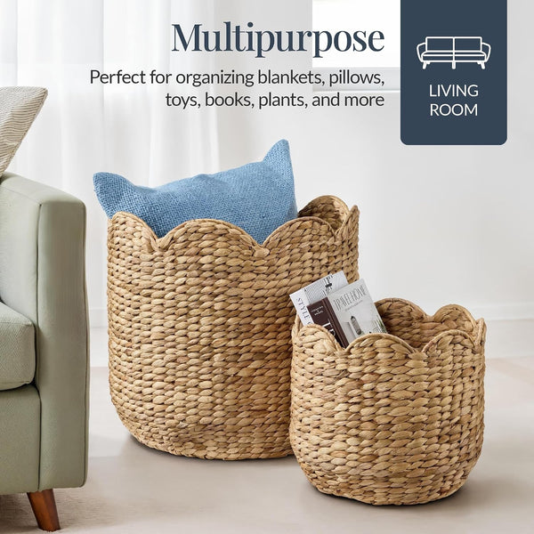 3Pc Water Hyacinth Scalloped Multipurpose Nesting Baskets, Storage Bin Organization Totes for Living Room, Bedroom, Nursery, Laundry Room - Natural4