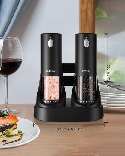 Electric Salt and Pepper Grinder Set with Rechargeable Base - Automatic Refillable Electric Salt and Pepper Shakers with Large Capacity, LED Light & Adjustable Coarseness, Black8