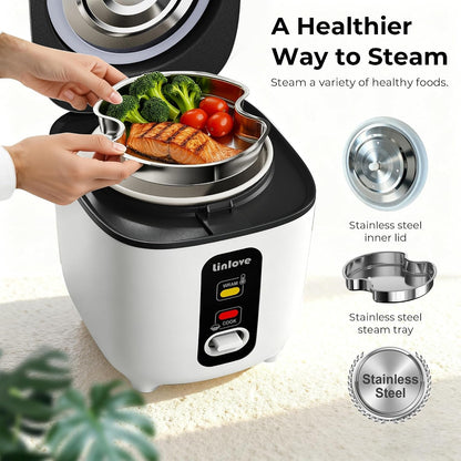 Rice Cooker Small 2.5 Cup Uncooked,1.2 Quart Non-Stick Mini Rice Cooker,With Stainless Steel Steamer Tray,One-Switch to Cook and Auto Keep Warm,Recipe Guide,Space Saving for 1-4 People,White3