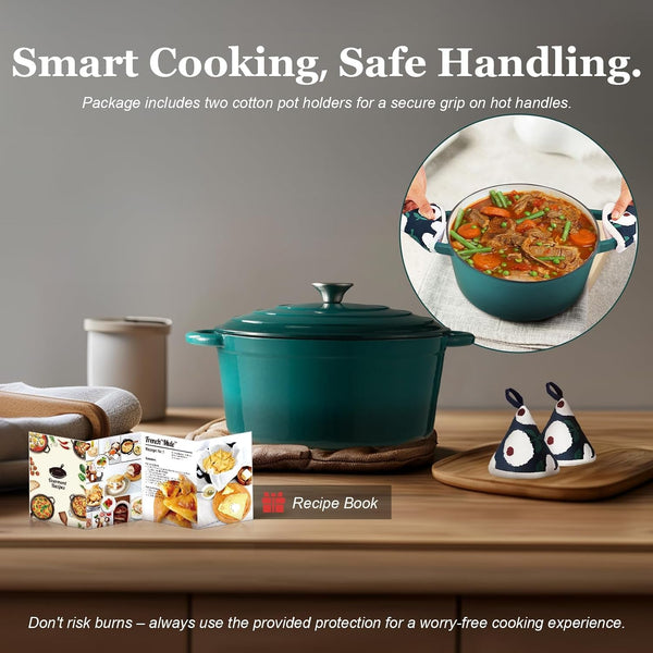 Enameled Cast Iron Dutch Oven - 7QT Pot with Lid Cookbook & Cotton Potholders - Heavy-Duty Cookware for Braising, Stews, Roasting, Sourdough Baking Bottle Green6