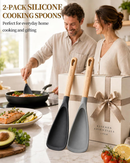 Cooking Spoon, 2 Pack, Nonstick Safe Silicone Spatula | Long Wooden Handles, Heat Resistant, Bpa-Free, Built-In Spoon Rest, Spatula Spoon for Stirring, Scooping, Scraping & Serving9