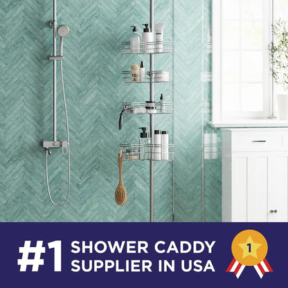 Tension Pole Shower Caddy Corner Organizer, Adjustable Standing Shower Caddy with 4 L-Shaped Baskets and Hooks, Rust Resistant Bathroom Tension Rod Organizer, 60 to 97 Inch, Satin Nickel2
