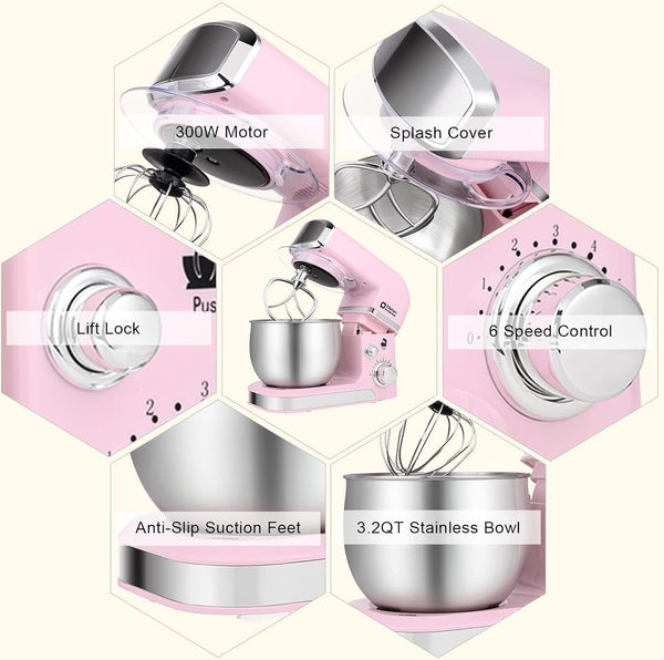 Stand Mixer,3.2Qt Small Electric Food Mixer,6 Speeds Portable Lightweight Kitchen Mixer for Daily Use with Egg Whisk,Dough Hook,Flat Beater (Pink)5