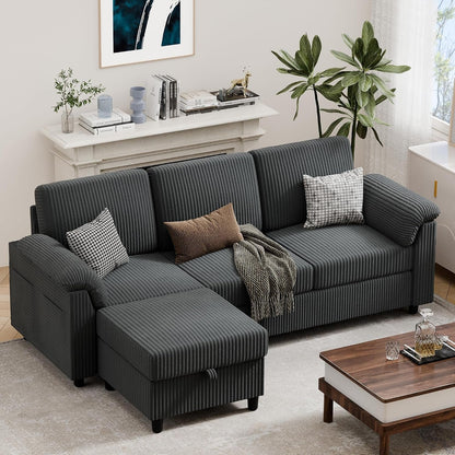 79" Convertible Sectional Couches Sofa with Storage Ottoman, 3 Seat L Shaped Couch with Side Storage Pockage, Small Couches for Living Room, Apartment and Small Space, Grey1