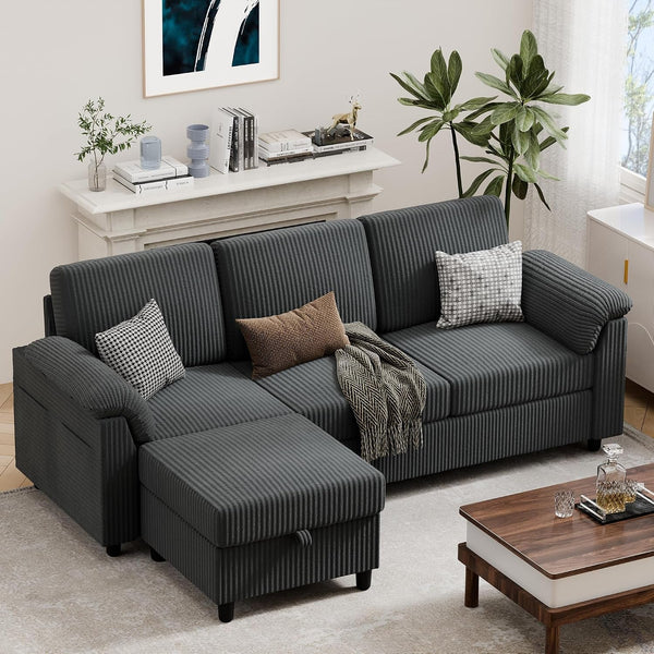 79" Convertible Sectional Couches Sofa with Storage Ottoman, 3 Seat L Shaped Couch with Side Storage Pockage, Small Couches for Living Room, Apartment and Small Space, Grey1