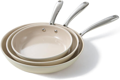 Non Stick Frying Pans, Ceramic Pan Skillet, Non Toxic Pans for Cooking, 8" 9.5" 11" Ceramic Frying Pan Set PFAS & PTFE & PFOA Free with Stay Cool Handle, Dishwasher & Oven Safe, Beige White1