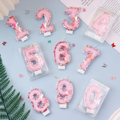 Pink Butterfly Number 1 Birthday Candle, Glitter Sequins Candle Cake Topper, Cupcake Decorations for Anniversary Celebrations Party Supplies8