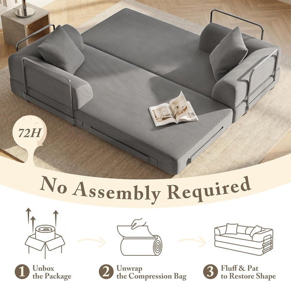 Cloud Boneless Couch Futon Sofa Bed, 5-In-1 Convertible Sofa Bed Pull Out Couch Sleeper Sofa Compressed Loveseat, 70" High-Density Sponge & Corduroy Fabric Futon Daybed for Living Room Bedroom (Gray)8