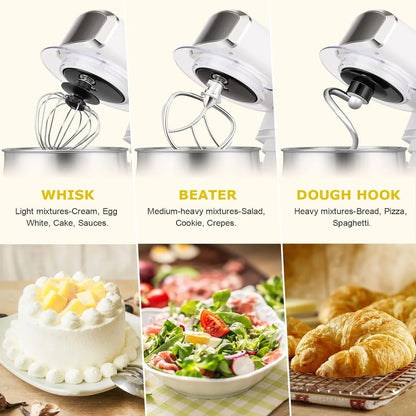 Stand Mixer,3.2Qt Mini Electric Food Mixer,6 Speeds Portable Lightweight Kitchen Mixer for Daily Use with Egg Whisk,Dough Hook,Flat Beater (White)4