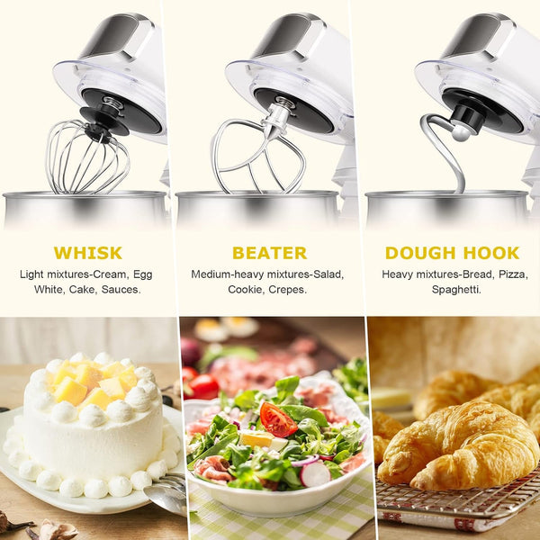 Stand Mixer,3.2Qt Mini Electric Food Mixer,6 Speeds Portable Lightweight Kitchen Mixer for Daily Use with Egg Whisk,Dough Hook,Flat Beater (White)4