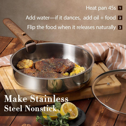 19Pcs Tri-Ply Stainless Steel Cookware Set with Detachable Handle | Pots and Pans Set, Even Heating, Non-Toxic, Induction Compatible, Dishwasher& Oven Safe, Space Saving, RV Cooking,Woodgrain4