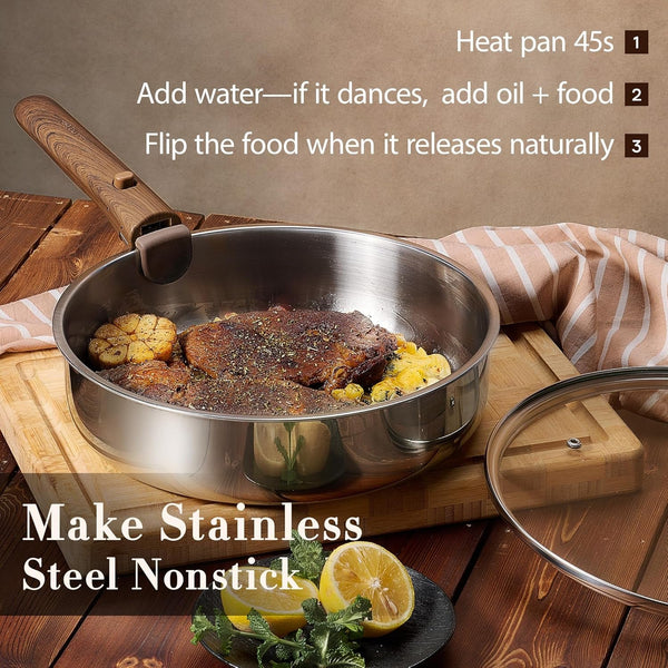 19Pcs Tri-Ply Stainless Steel Cookware Set with Detachable Handle | Pots and Pans Set, Even Heating, Non-Toxic, Induction Compatible, Dishwasher& Oven Safe, Space Saving, RV Cooking,Woodgrain4