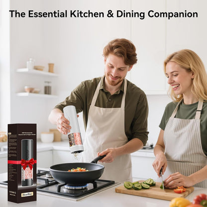 2 in 1 Electric Salt and Pepper Grinder Set, USB Rechargeable, Automatic Salt and Pepper Mill Shakers with Battery Display, LED Light, Adjustable Coarseness(White)8