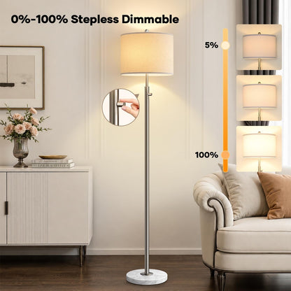 【Upgraded】 Dimmable Floor Lamp for Living Room, 11W LED Bulb Included, Modern Standing Lamp with Marble Base, Tall Pole Light with Linen Shade for Bedroom Reading Office Corner Nursery-Brushed Nickel3