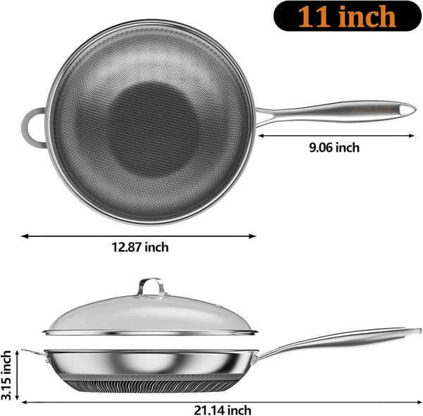 Wok Pan, 11 Inch Hybrid Woks & Stir-Fry Pans Nonstick, Non Toxic 5-Ply Stainless Steel Wok Pan with Lid, Laser Etched Surface, Works on All Stoves, Dishwasher & Induction Safe, PFOA Free2