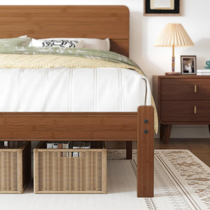 14" King Size Bamboo Wood Platform Bed Frame with Headboard, Brown4