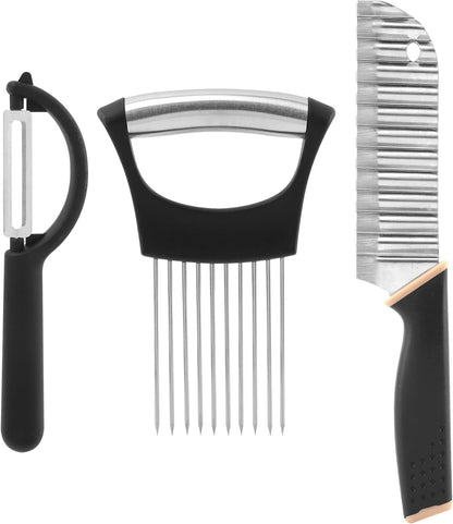 Crinkle Cutter with Onion Holder for Slicing and P-Type Peeler, Stainless Steel Wavy Slicer with Handle, Crinkle Cutter for Veggies, Potatoes(Set of 3)8