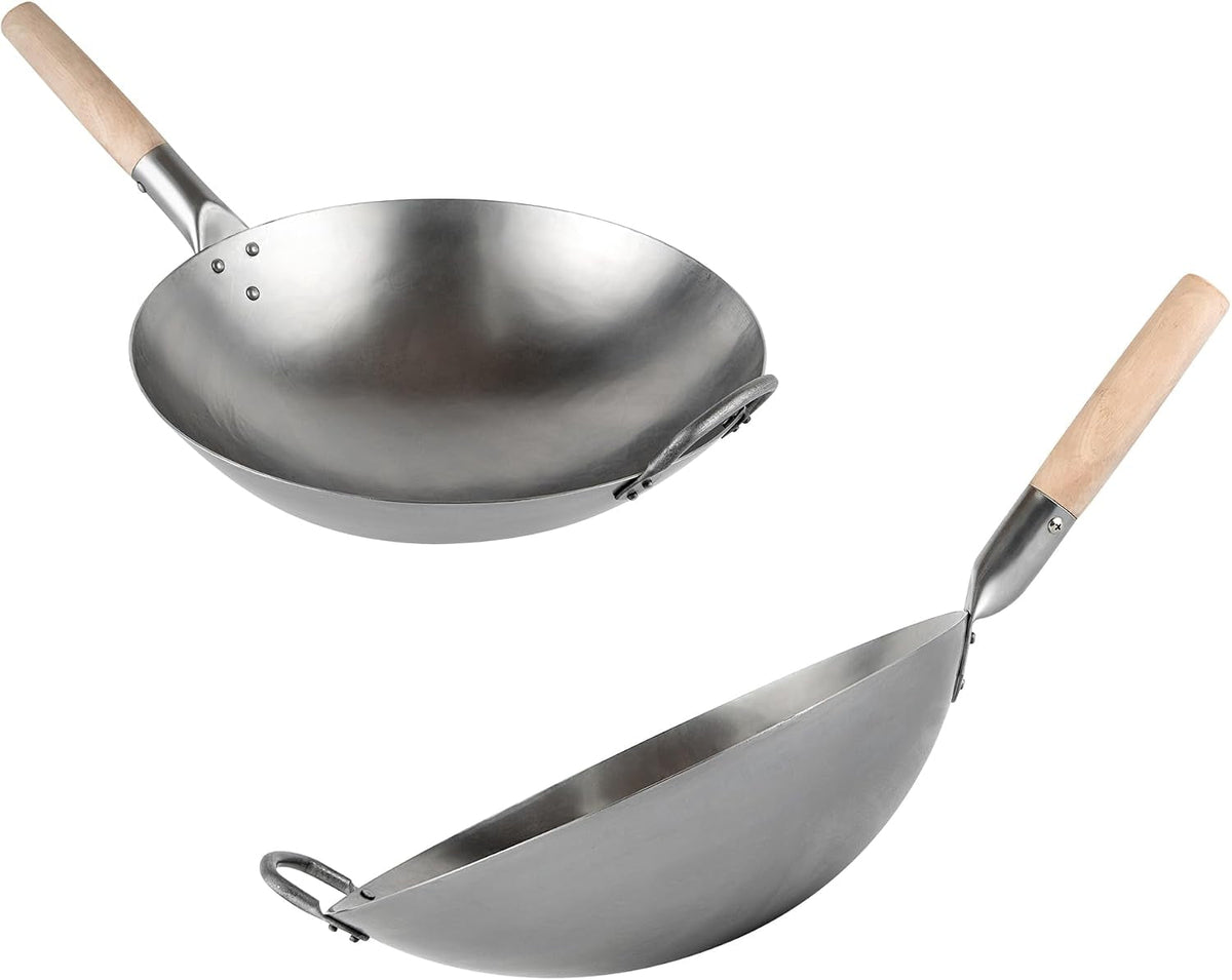 carbon-steel-wok-1-pack-of-14-inch-heavy-duty-stir-fry-pan-silver-hand-hammered-wok-efficient-maneuvering-steel-helper-handle-uniform-heat-distribution-asian-cooking