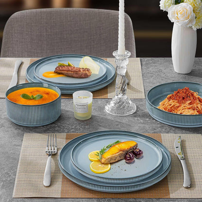 Dinnerware Stoneware Sets with Pasta Bowls, 16 Piece Plates and Bowls Set for 4, Ribbed Dishes Set for Home, Microwave and Dishwasher Safe, Slate Blue5