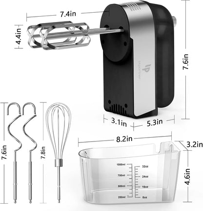 Hand Mixer Electric, 450W Kitchen Mixers with Scale Cup Storage Case, Turbo Boost/Self-Control Speed + 5 Speed + Eject Button + 5 Stainless Steel Accessories, for Easy Whipping Dough, Cream, Black5