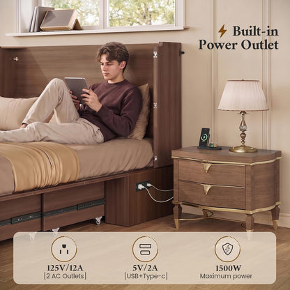 Queen Murphy Bed Cabinet with Storage Drawer & Charging Station6