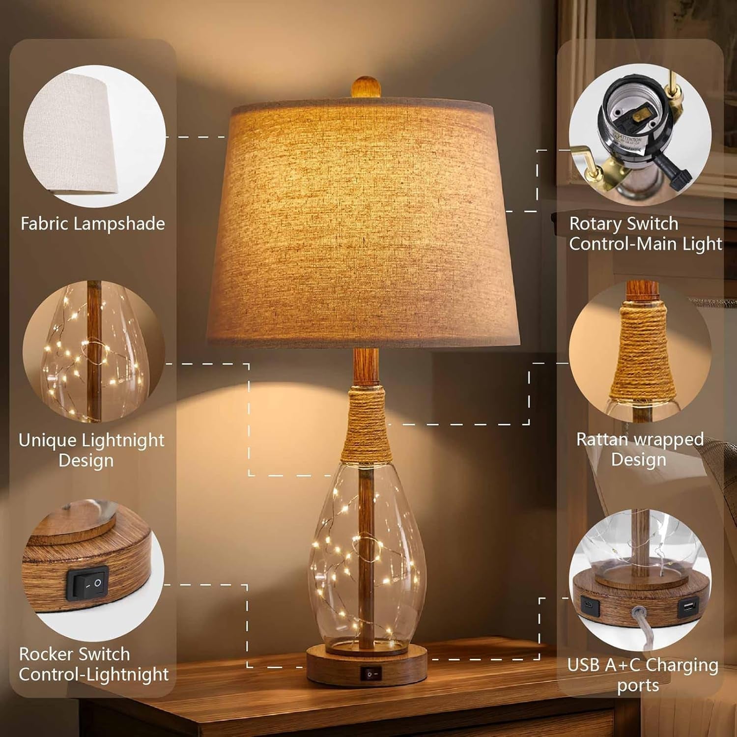 2-in-1-bedside-table-lamps-set-of-2-farmhouse-glass-lamp-wood-like-bedroom-lamps-for-nightstands-top-light-night-light-built-in-usb-with-bulb-boho-rattan-design-for-nursery-hallway