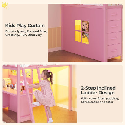 Kids Low Loft Bed Twin Size with Desk and 7 Storage Drawers, Pink8