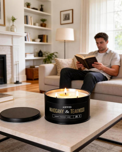 Mahogany Teakwood Candles for Men - 3 Wick 12Oz Black Scented Candle2