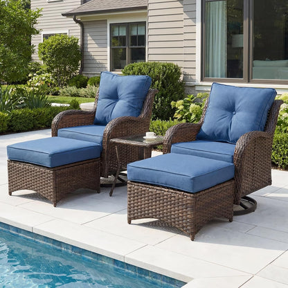 Luxury Patio Conversation Set, 5-Piece Ergonomic High Back Wicker Swivel Chair Set with 6-Inch Deep Seating Cushions, Large Patio Furniture Set for Garden, Deck & Balcony, Navy Blue1